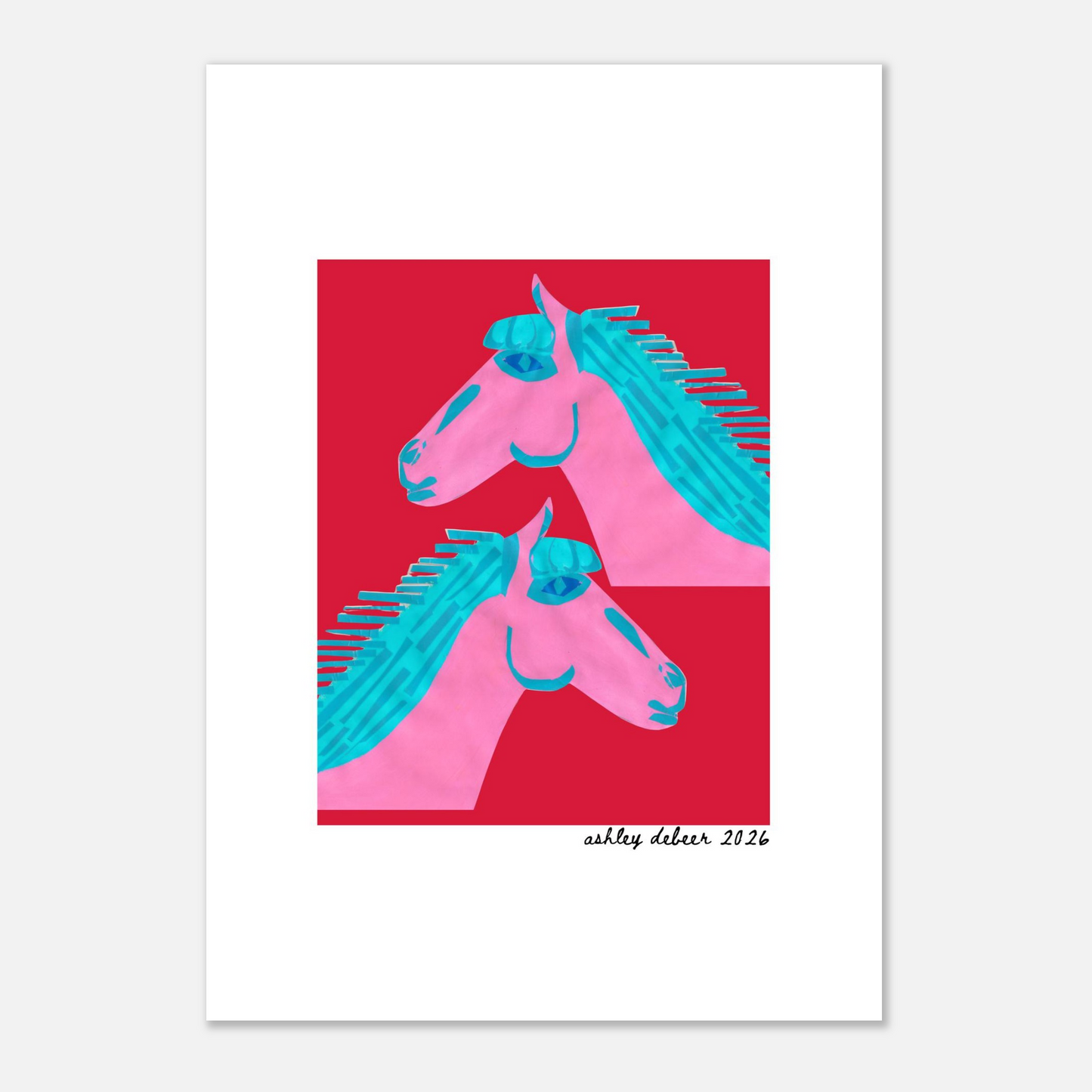 Colorful abstract art print of two horses on a red background