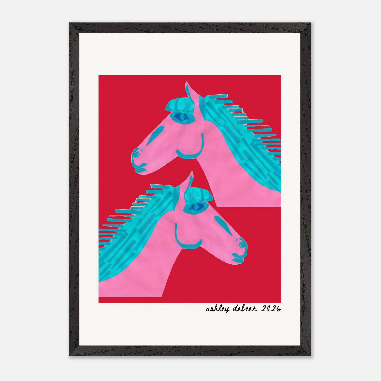 Framed artwork of two pink horses with blue manes on a red background, signed 'Ashley Deber 2026'.