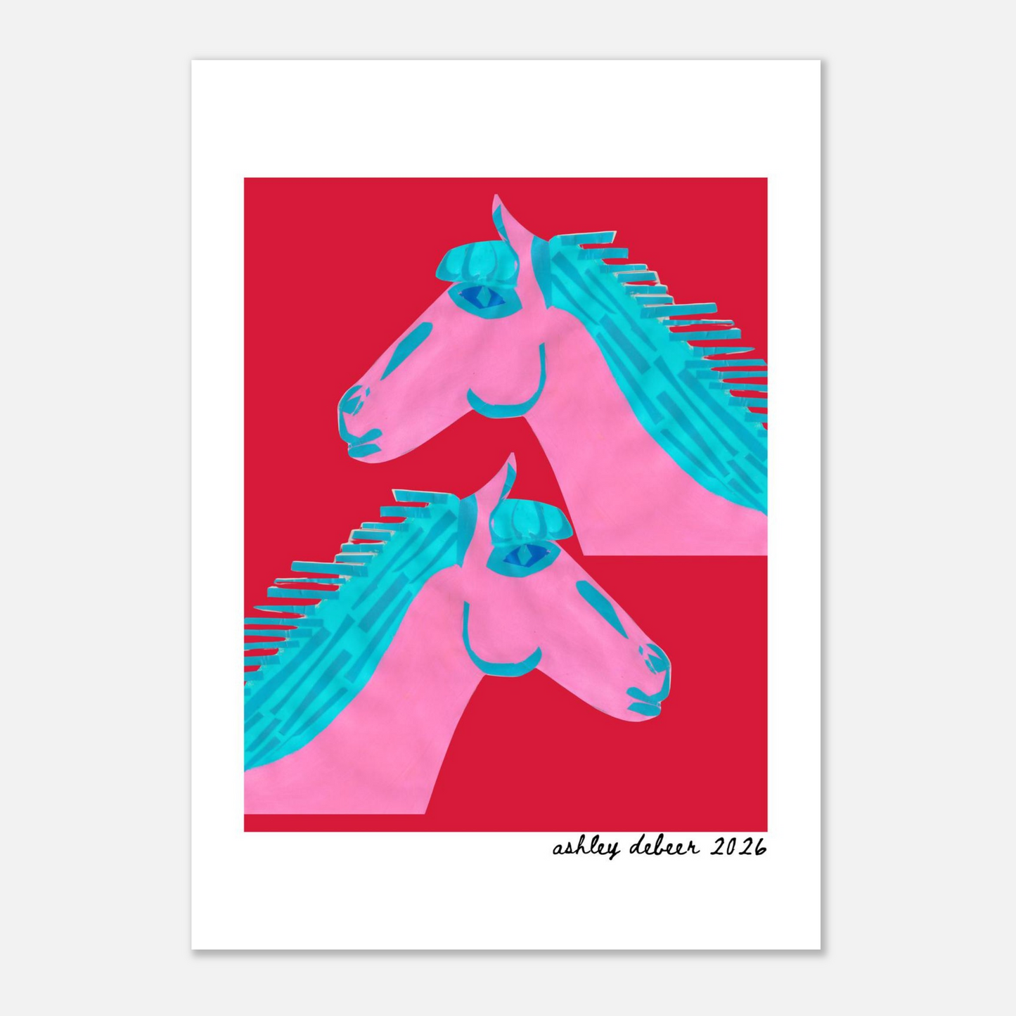 Art print with two pink horses with blue manes on a red background, signed 'Ashley Debeer 2026'.
