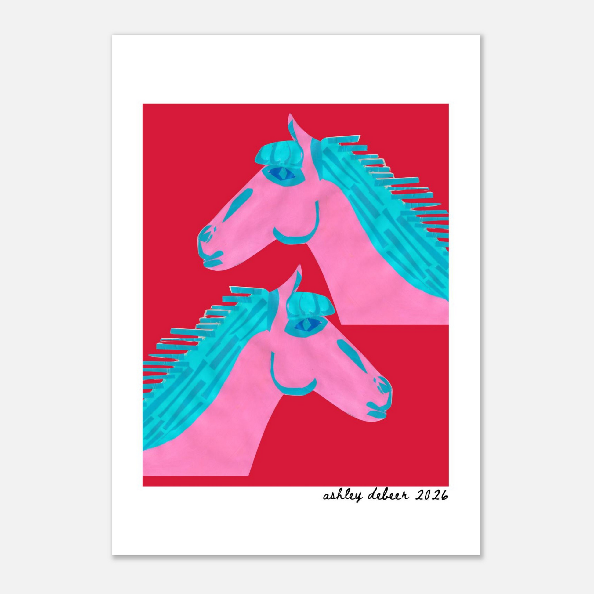Art print with two pink horses with blue manes on a red background, signed 'Ashley Debeer 2026'.